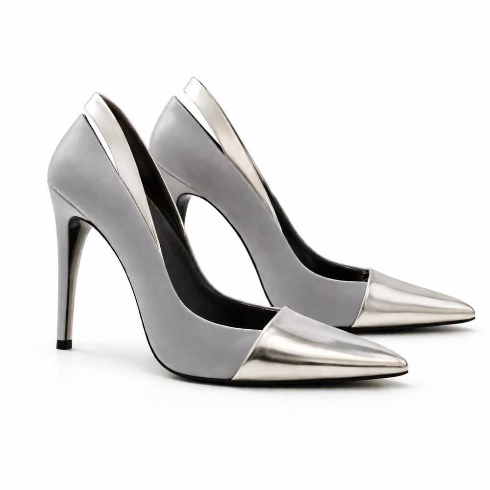 ZARA Metallic Pointed Toe Heels – Size 42 (US 11) – Silver & Grey Statement Pump